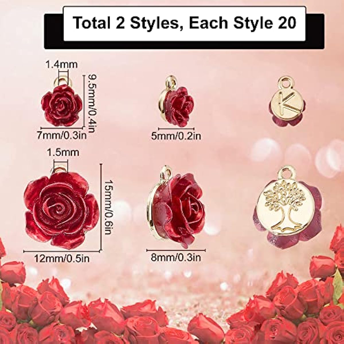1 Box 40Pcs 2 Style Rose Charms Bulk 3D Rose Charm Flower Charms for  Jewelry Making Red Flower Charm Tree of Life Necklace Bracelet Earrings  Supplies Valentine's Day Craft Gift Adult Women 